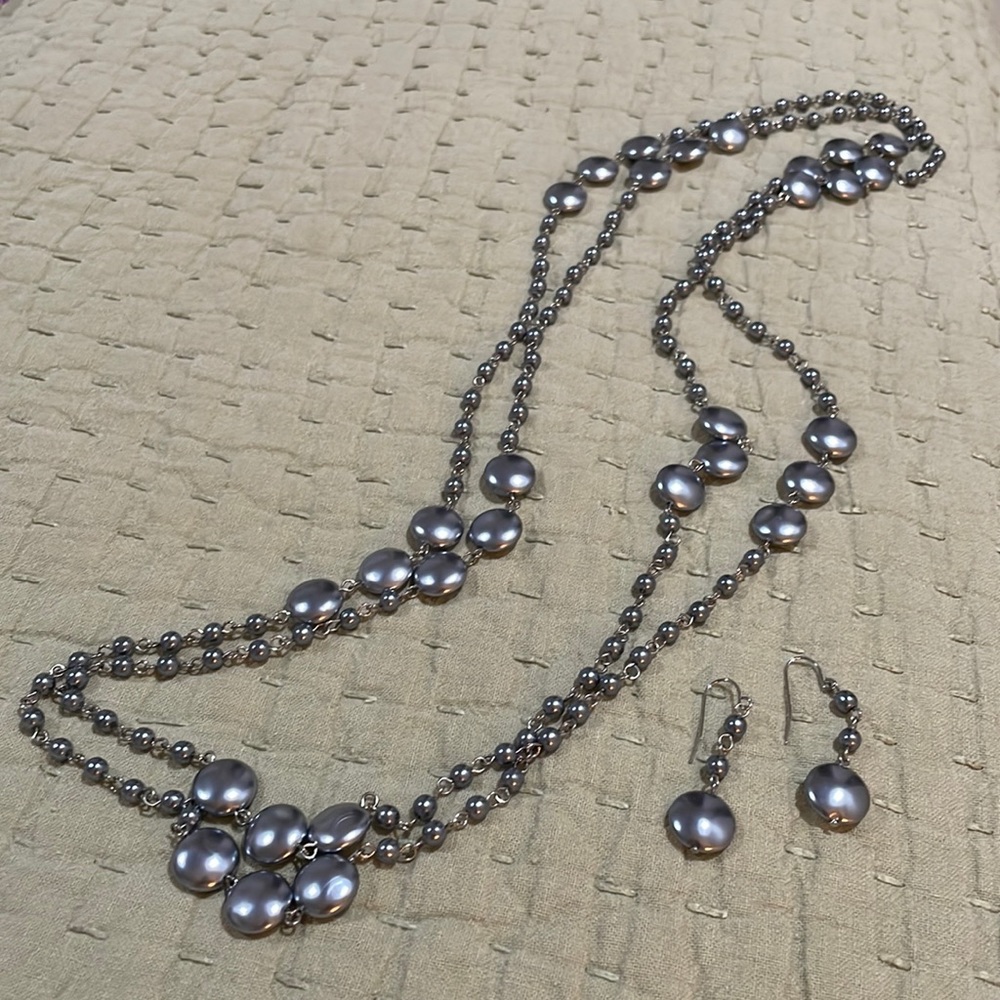 Gray Pearl-look 72” Necklace & Earrings